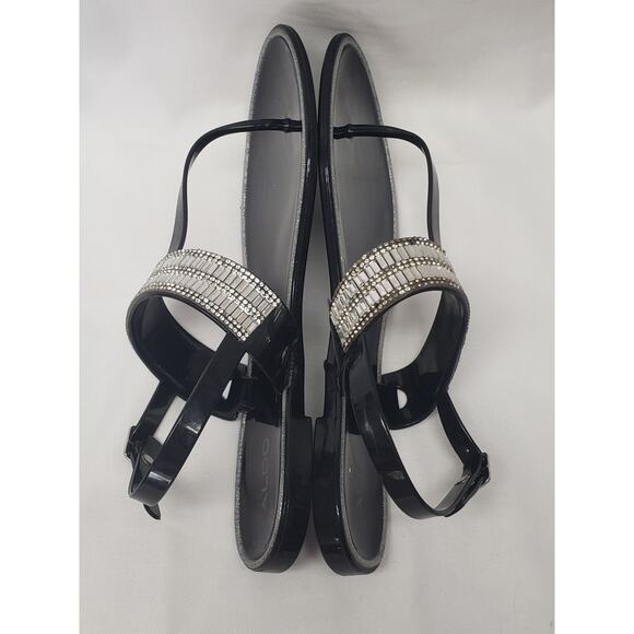 Aldo Black Silver Bedazzled Flip Flop Adjustable Back Strap Dressy Sandals - Picture 5 of 6